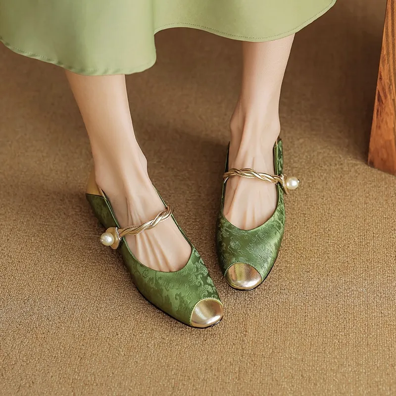 Chinese style fashionable single-strap spring chunky heel mid-heel round toe cowhide low-cut color-block fashion women's shoes