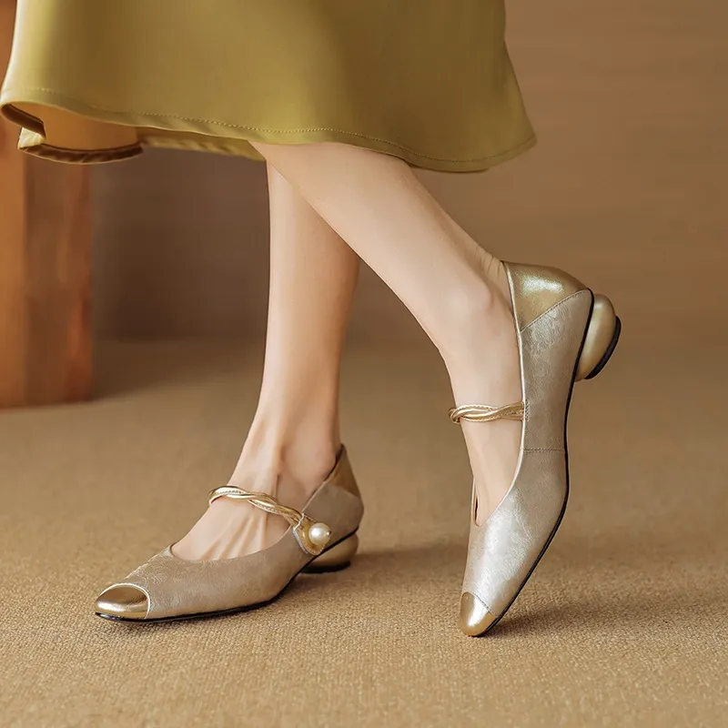 Chinese style fashionable single-strap spring chunky heel mid-heel round toe cowhide low-cut color-block fashion women's shoes