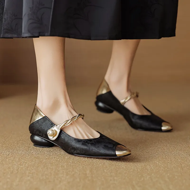 Chinese style fashionable single-strap spring chunky heel mid-heel round toe cowhide low-cut color-block fashion women's shoes