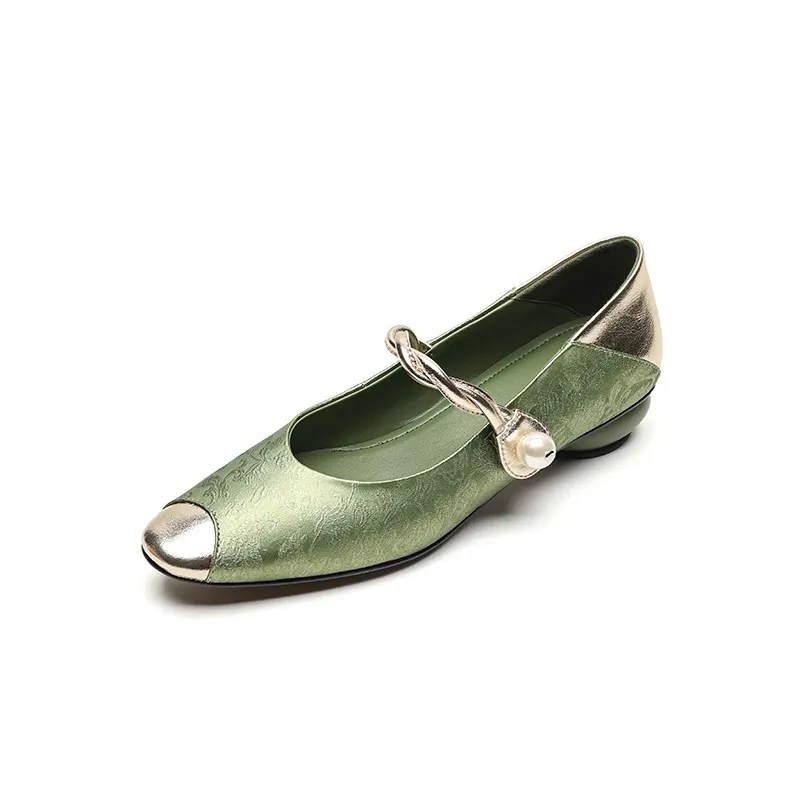 Chinese style fashionable single-strap spring chunky heel mid-heel round toe cowhide low-cut color-block fashion women's shoes