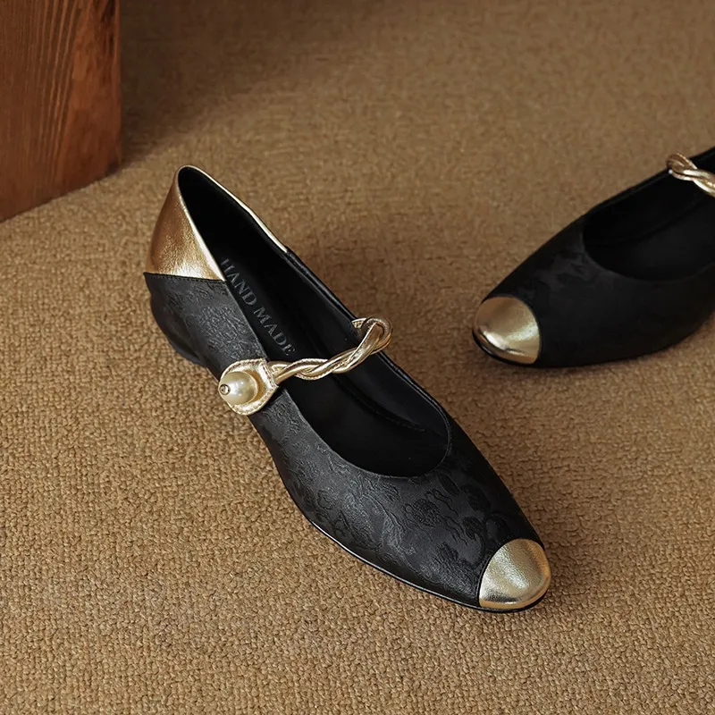Chinese style fashionable single-strap spring chunky heel mid-heel round toe cowhide low-cut color-block fashion women's shoes
