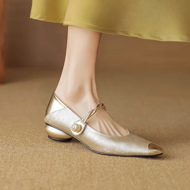 Chinese style fashionable single-strap spring chunky heel mid-heel round toe cowhide low-cut color-block fashion women's shoes