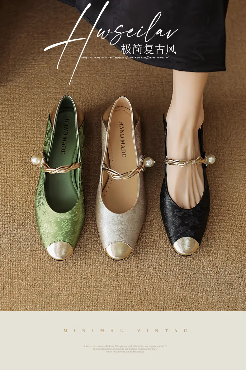 Chinese style fashionable single-strap spring chunky heel mid-heel round toe cowhide low-cut color-block fashion women's shoes