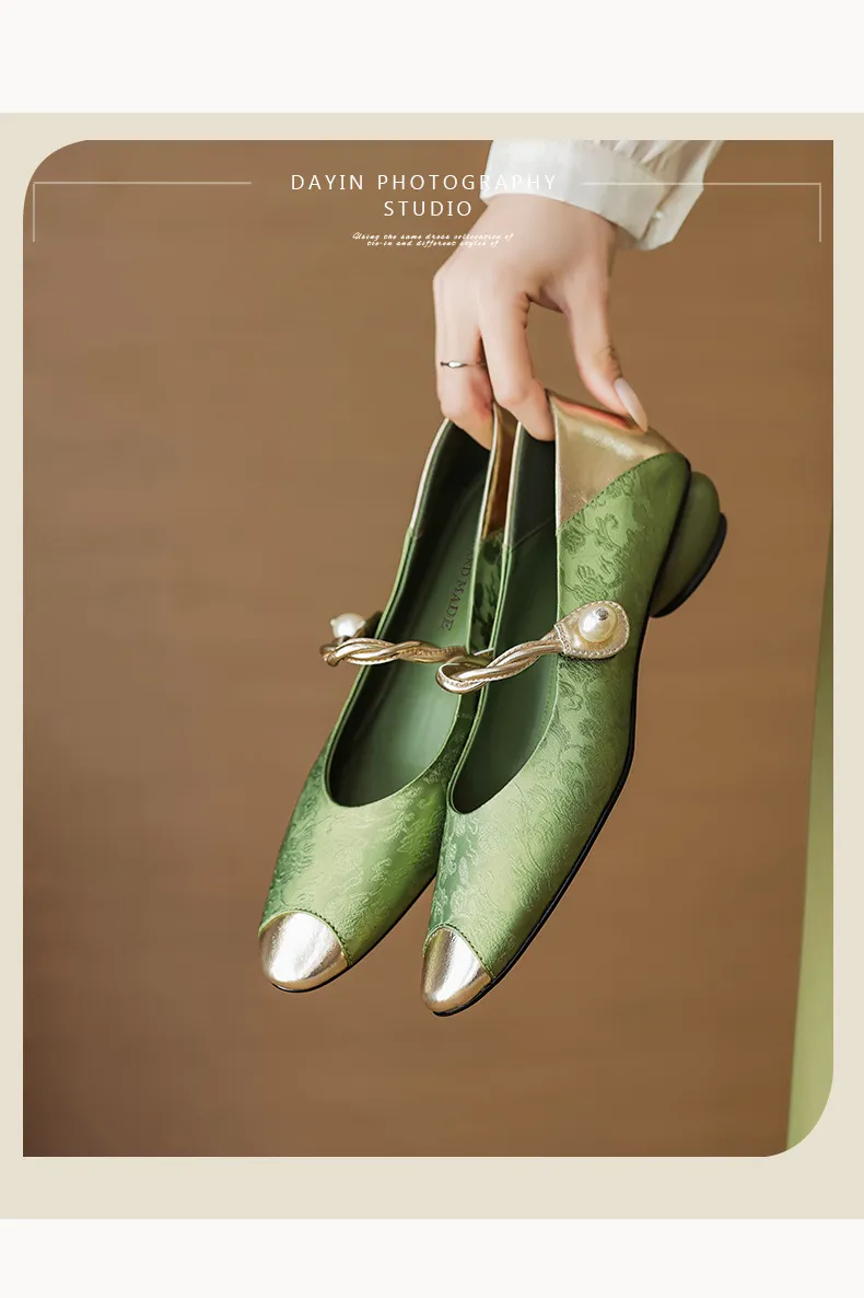 Chinese style fashionable single-strap spring chunky heel mid-heel round toe cowhide low-cut color-block fashion women's shoes