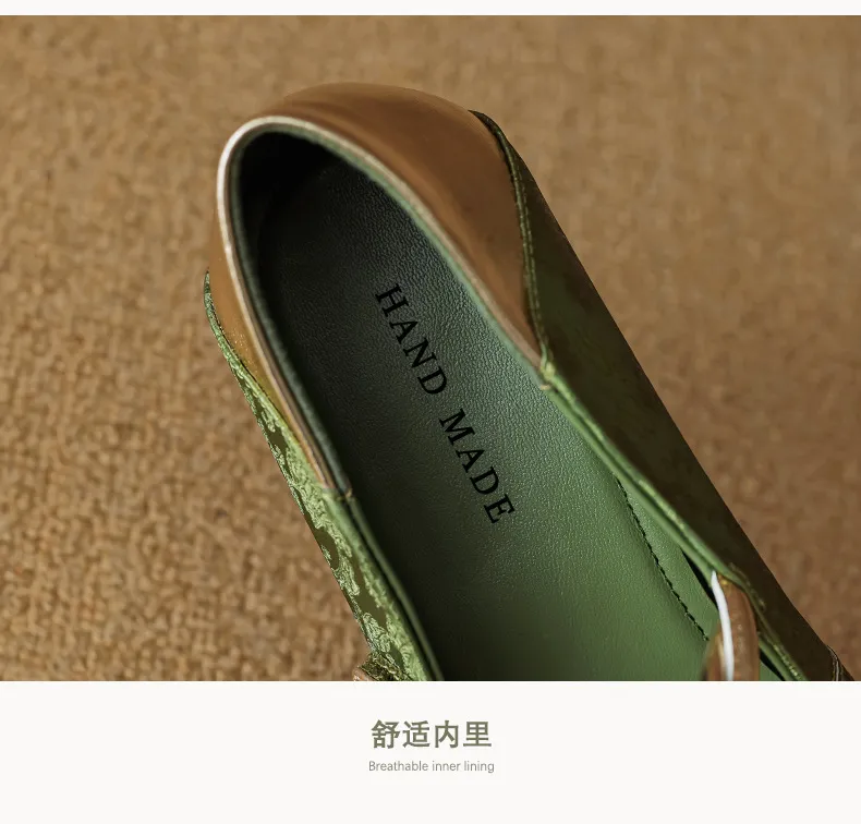 Chinese style fashionable single-strap spring chunky heel mid-heel round toe cowhide low-cut color-block fashion women's shoes