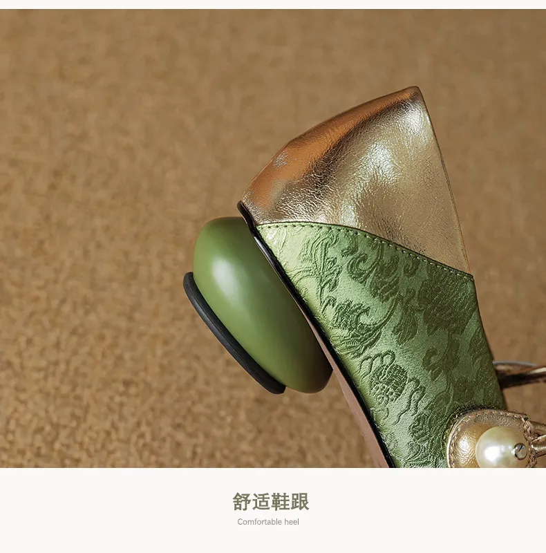 Chinese style fashionable single-strap spring chunky heel mid-heel round toe cowhide low-cut color-block fashion women's shoes