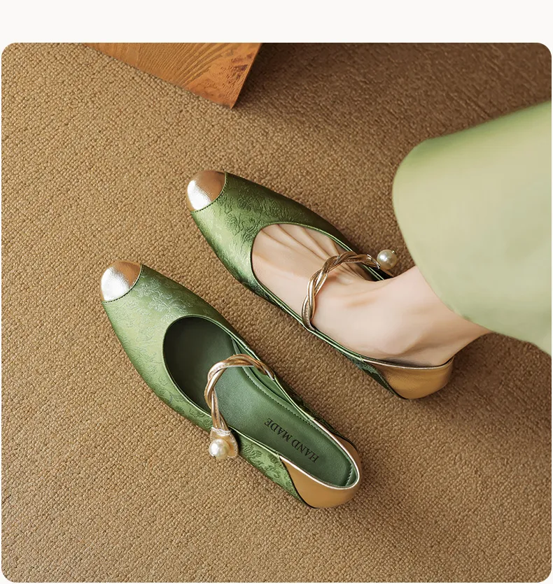 Chinese style fashionable single-strap spring chunky heel mid-heel round toe cowhide low-cut color-block fashion women's shoes