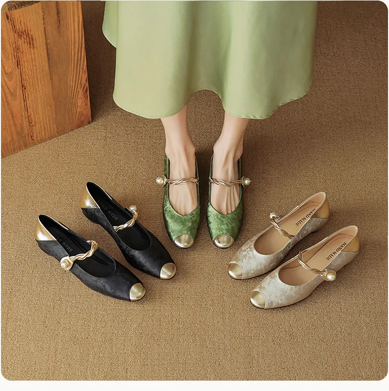 Chinese style fashionable single-strap spring chunky heel mid-heel round toe cowhide low-cut color-block fashion women's shoes