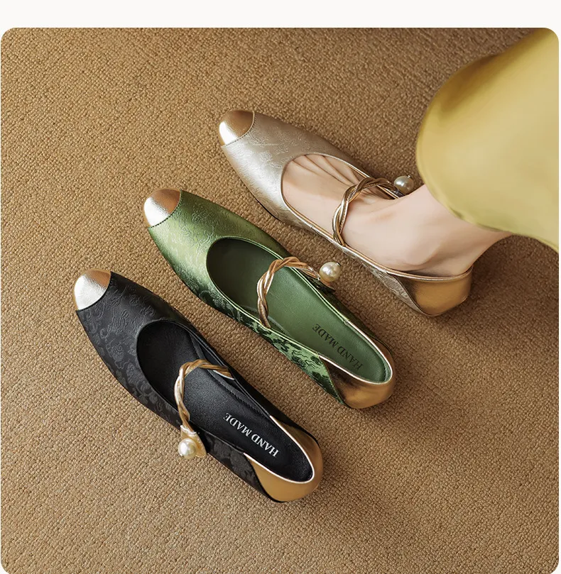 Chinese style fashionable single-strap spring chunky heel mid-heel round toe cowhide low-cut color-block fashion women's shoes
