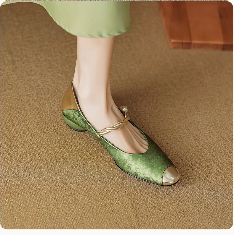 Chinese style fashionable single-strap spring chunky heel mid-heel round toe cowhide low-cut color-block fashion women's shoes