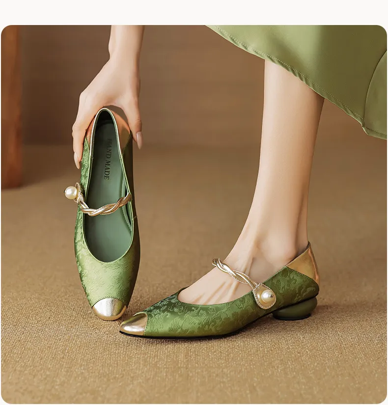 Chinese style fashionable single-strap spring chunky heel mid-heel round toe cowhide low-cut color-block fashion women's shoes