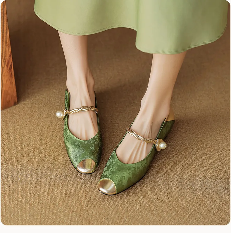 Chinese style fashionable single-strap spring chunky heel mid-heel round toe cowhide low-cut color-block fashion women's shoes