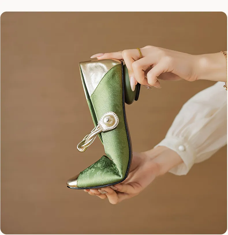 Chinese style fashionable single-strap spring chunky heel mid-heel round toe cowhide low-cut color-block fashion women's shoes