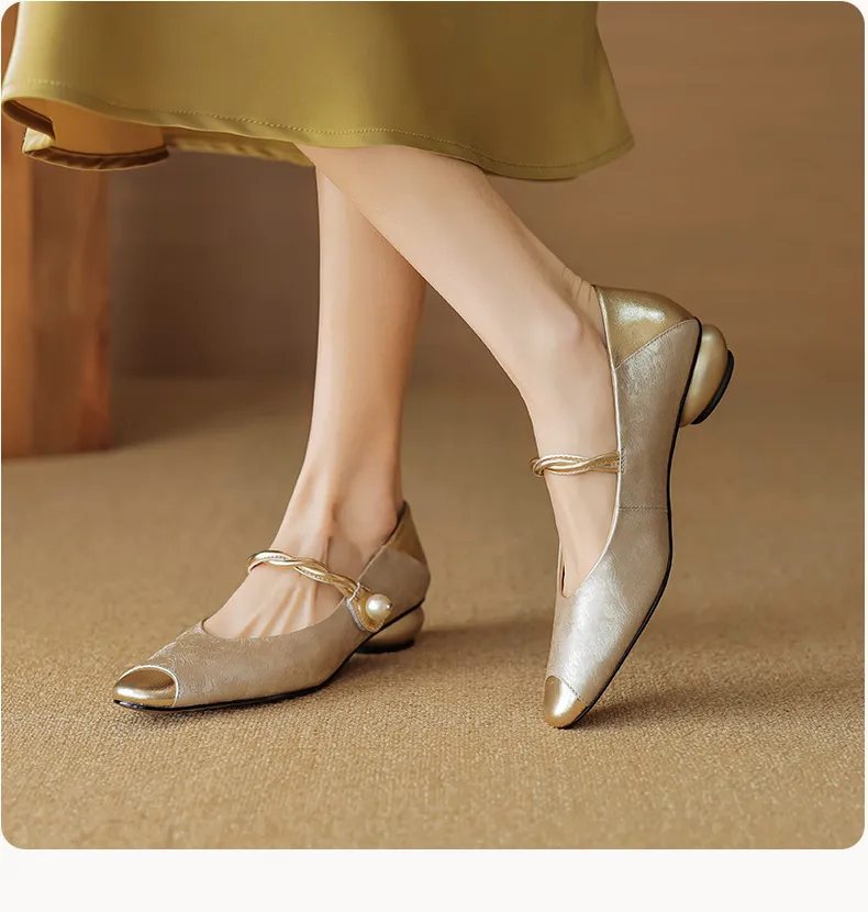 Chinese style fashionable single-strap spring chunky heel mid-heel round toe cowhide low-cut color-block fashion women's shoes