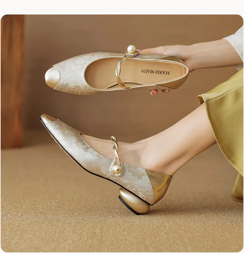 Chinese style fashionable single-strap spring chunky heel mid-heel round toe cowhide low-cut color-block fashion women's shoes