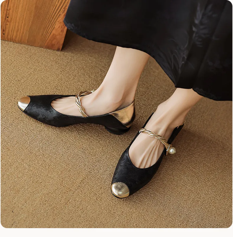 Chinese style fashionable single-strap spring chunky heel mid-heel round toe cowhide low-cut color-block fashion women's shoes