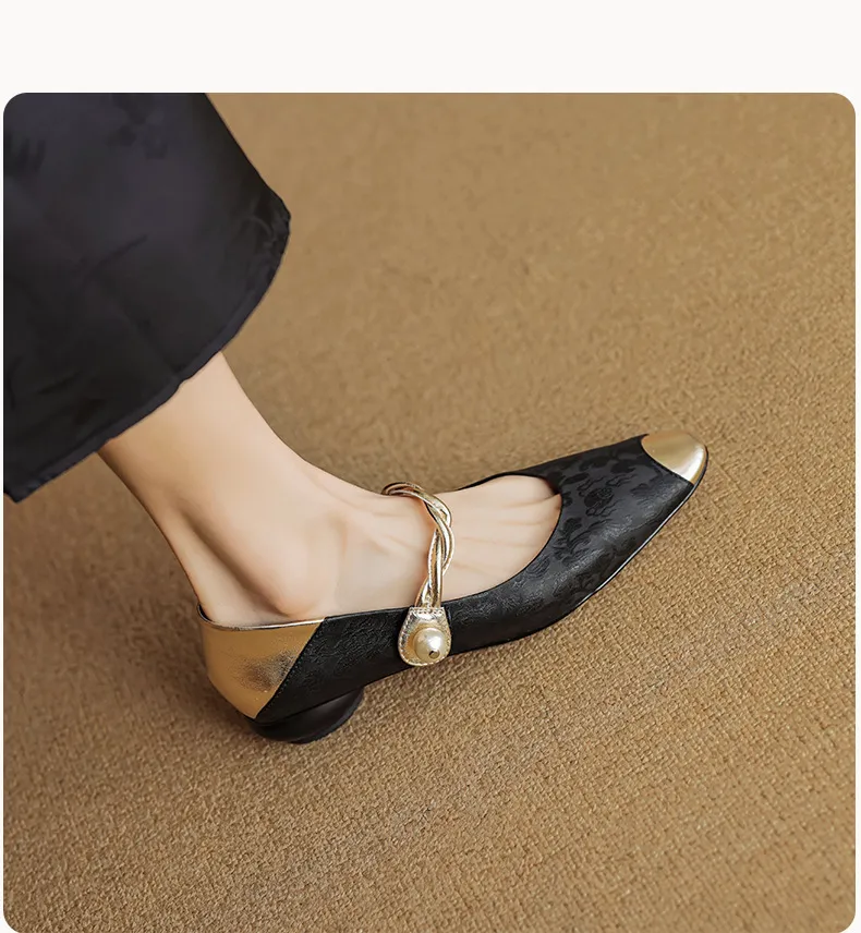 Chinese style fashionable single-strap spring chunky heel mid-heel round toe cowhide low-cut color-block fashion women's shoes
