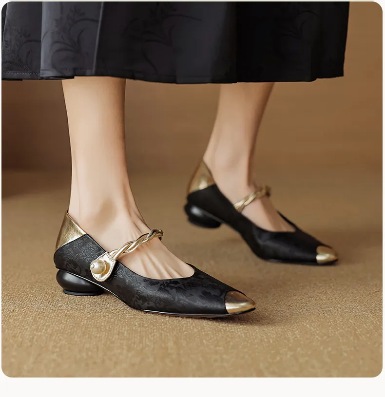 Chinese style fashionable single-strap spring chunky heel mid-heel round toe cowhide low-cut color-block fashion women's shoes