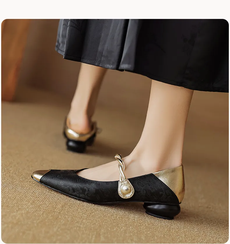 Chinese style fashionable single-strap spring chunky heel mid-heel round toe cowhide low-cut color-block fashion women's shoes