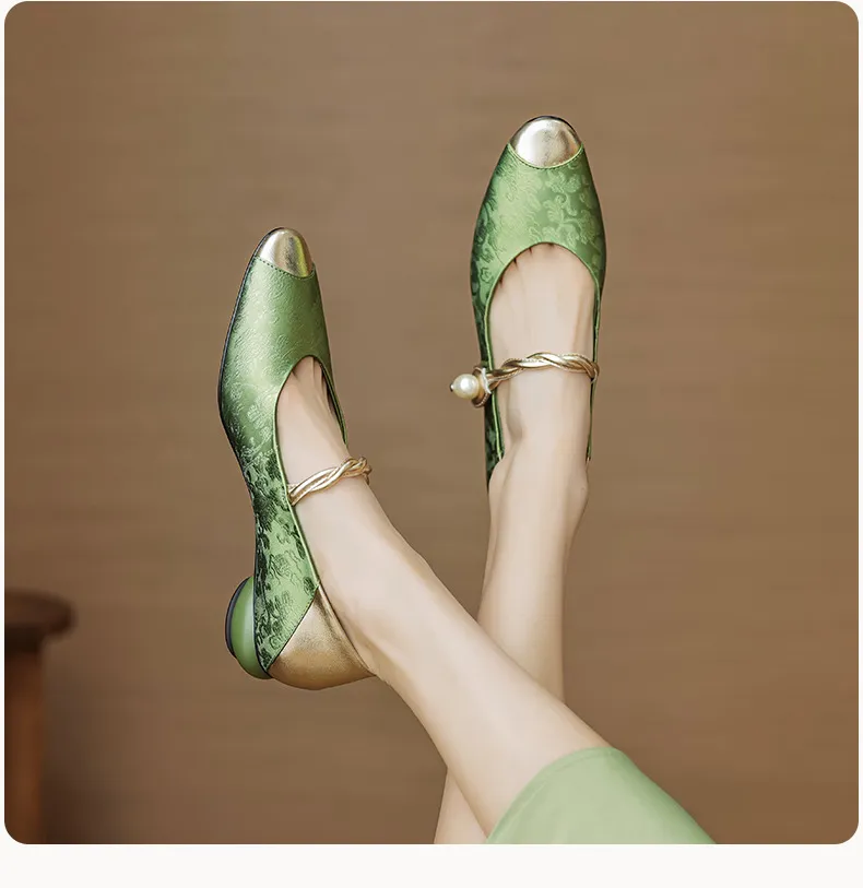 Chinese style fashionable single-strap spring chunky heel mid-heel round toe cowhide low-cut color-block fashion women's shoes
