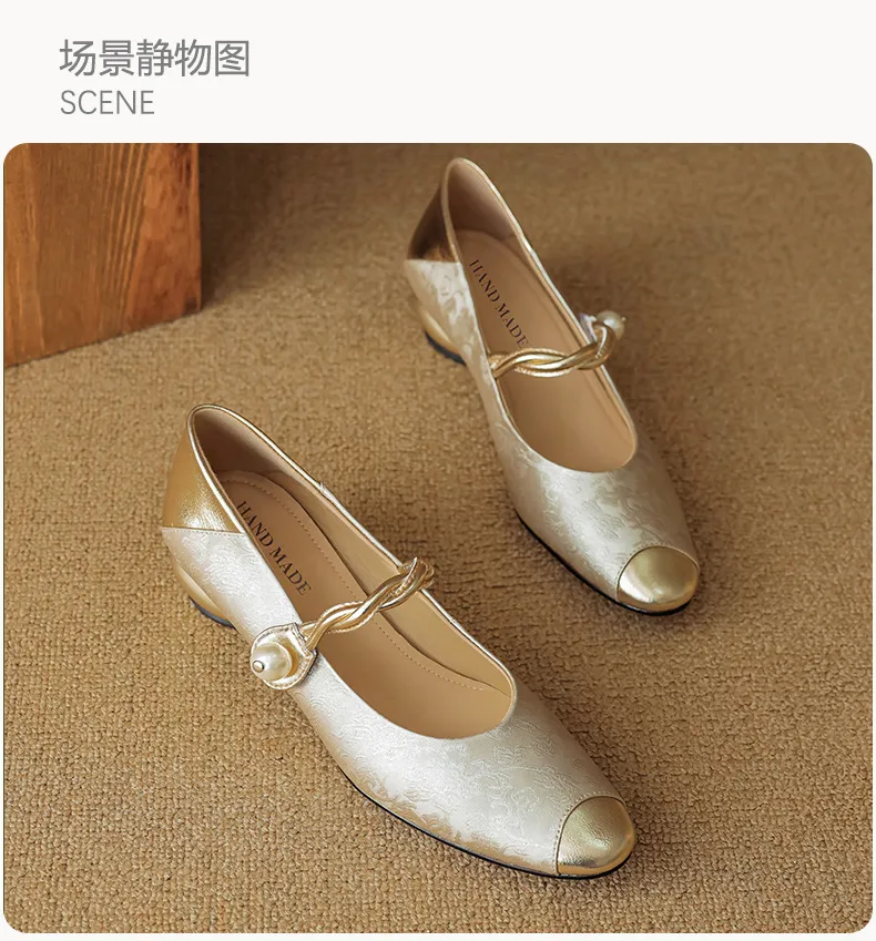 Chinese style fashionable single-strap spring chunky heel mid-heel round toe cowhide low-cut color-block fashion women's shoes