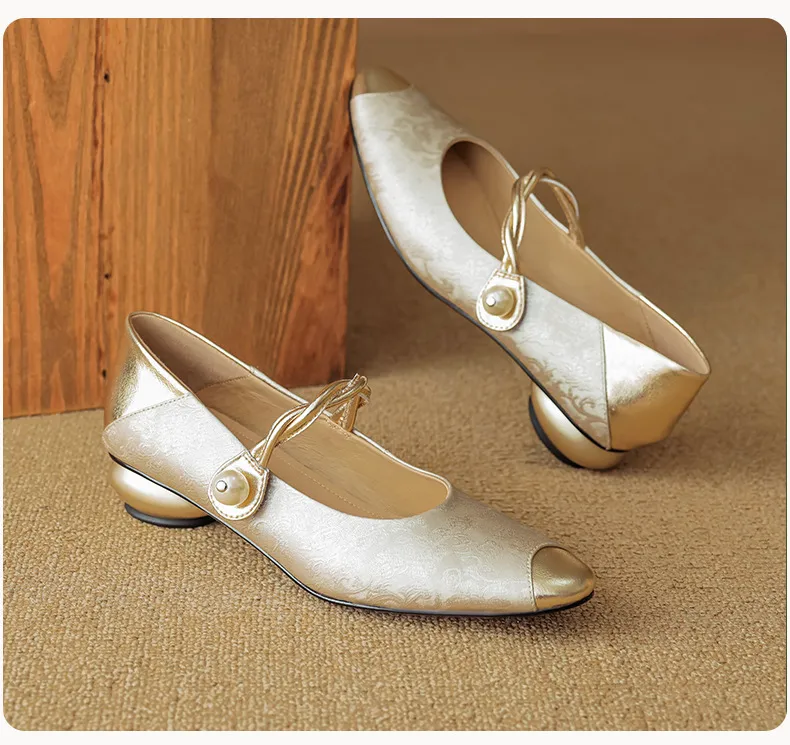 Chinese style fashionable single-strap spring chunky heel mid-heel round toe cowhide low-cut color-block fashion women's shoes