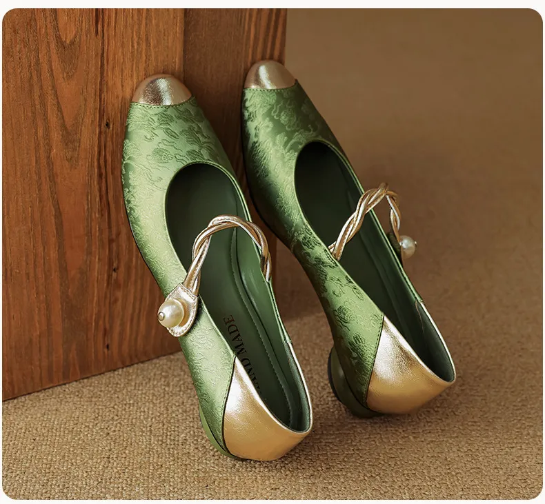 Chinese style fashionable single-strap spring chunky heel mid-heel round toe cowhide low-cut color-block fashion women's shoes