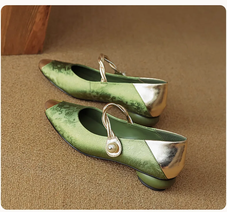 Chinese style fashionable single-strap spring chunky heel mid-heel round toe cowhide low-cut color-block fashion women's shoes
