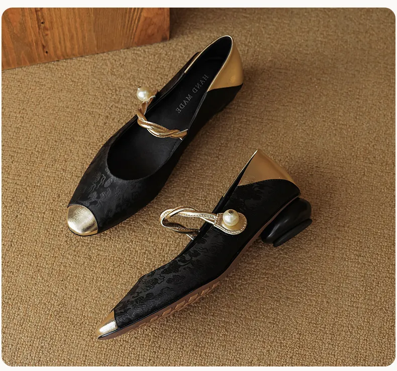 Chinese style fashionable single-strap spring chunky heel mid-heel round toe cowhide low-cut color-block fashion women's shoes
