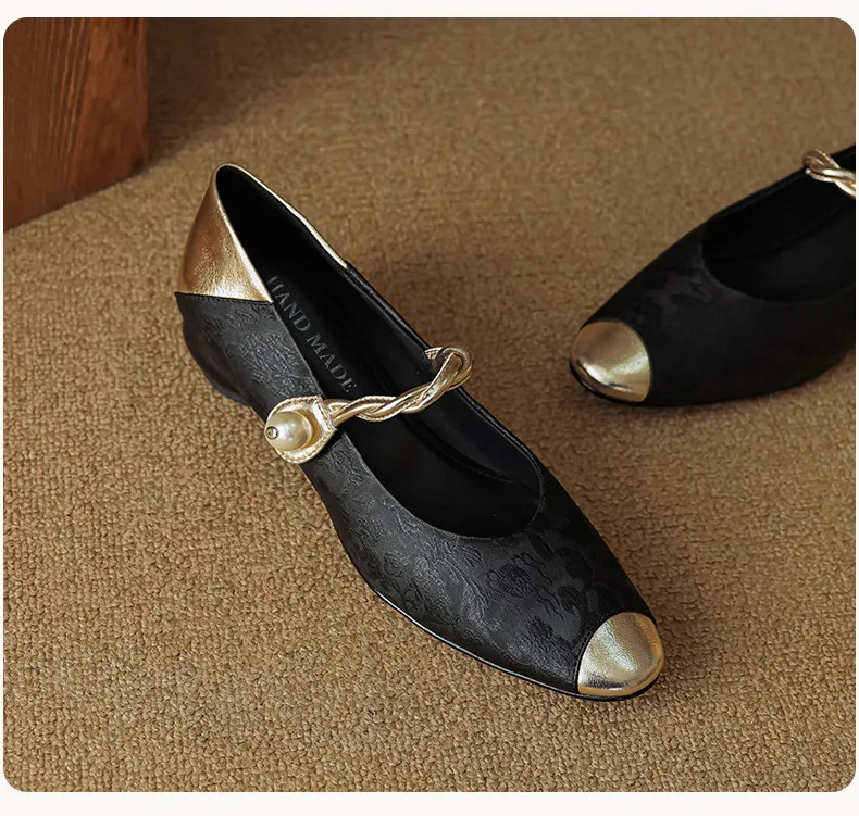 Chinese style fashionable single-strap spring chunky heel mid-heel round toe cowhide low-cut color-block fashion women's shoes