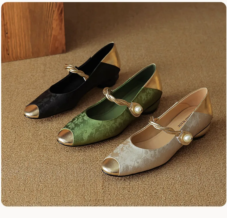 Chinese style fashionable single-strap spring chunky heel mid-heel round toe cowhide low-cut color-block fashion women's shoes