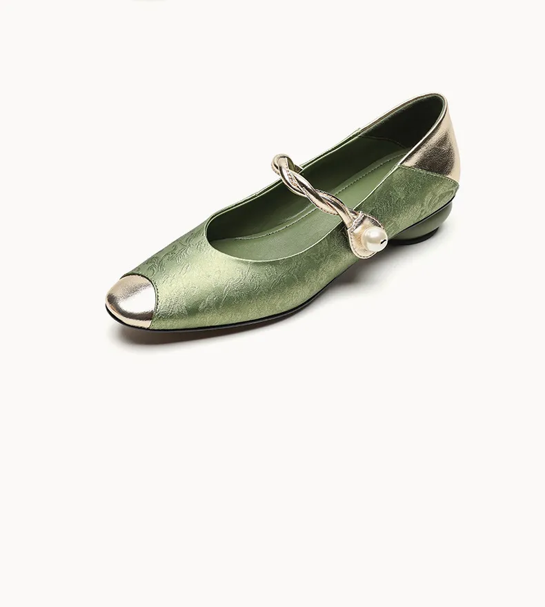 Chinese style fashionable single-strap spring chunky heel mid-heel round toe cowhide low-cut color-block fashion women's shoes