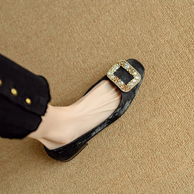 Four-color cowhide fashion women's shoes with rhinestone square buckle, spring square toe, chunky heel, low heel, and shallow mouth, single shoes, 2-4j.