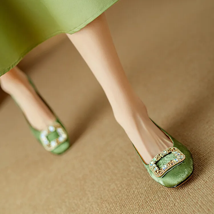 Four-color cowhide fashion women's shoes with rhinestone square buckle, spring square toe, chunky heel, low heel, and shallow mouth, single shoes, 2-4j.