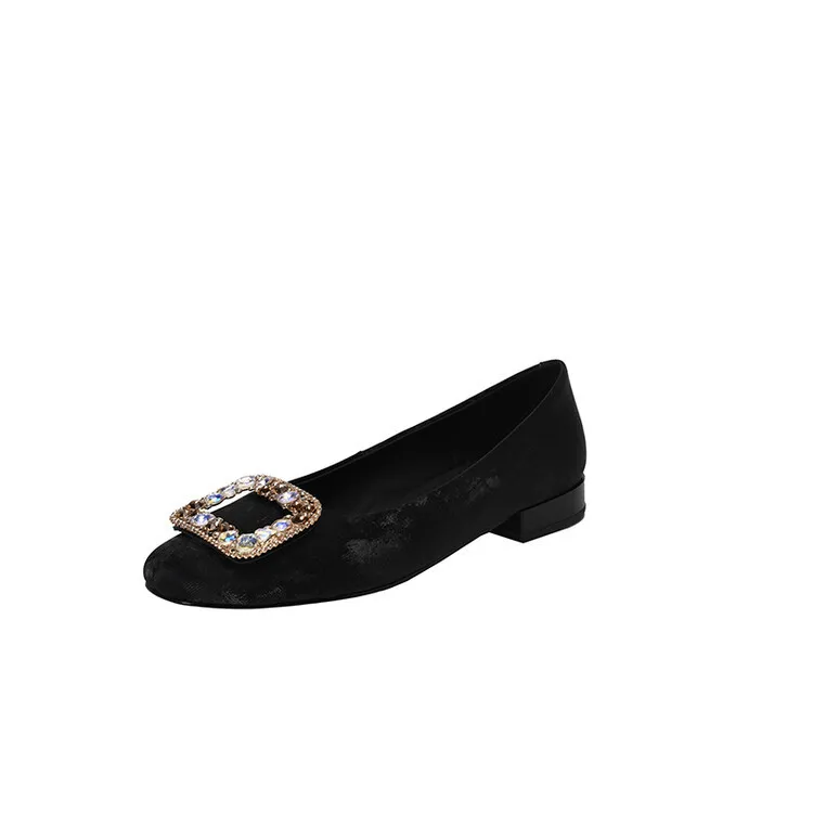 Four-color cowhide fashion women's shoes with rhinestone square buckle, spring square toe, chunky heel, low heel, and shallow mouth, single shoes, 2-4j.
