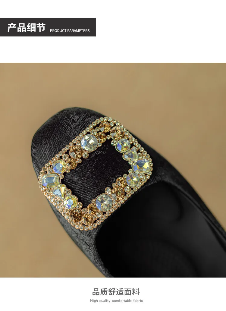 Four-color cowhide fashion women's shoes with rhinestone square buckle, spring square toe, chunky heel, low heel, and shallow mouth, single shoes, 2-4j.