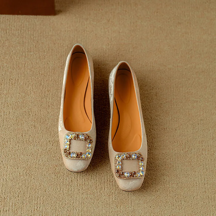Four-color cowhide fashion women's shoes with rhinestone square buckle, spring square toe, chunky heel, low heel, and shallow mouth, single shoes, 2-4j.