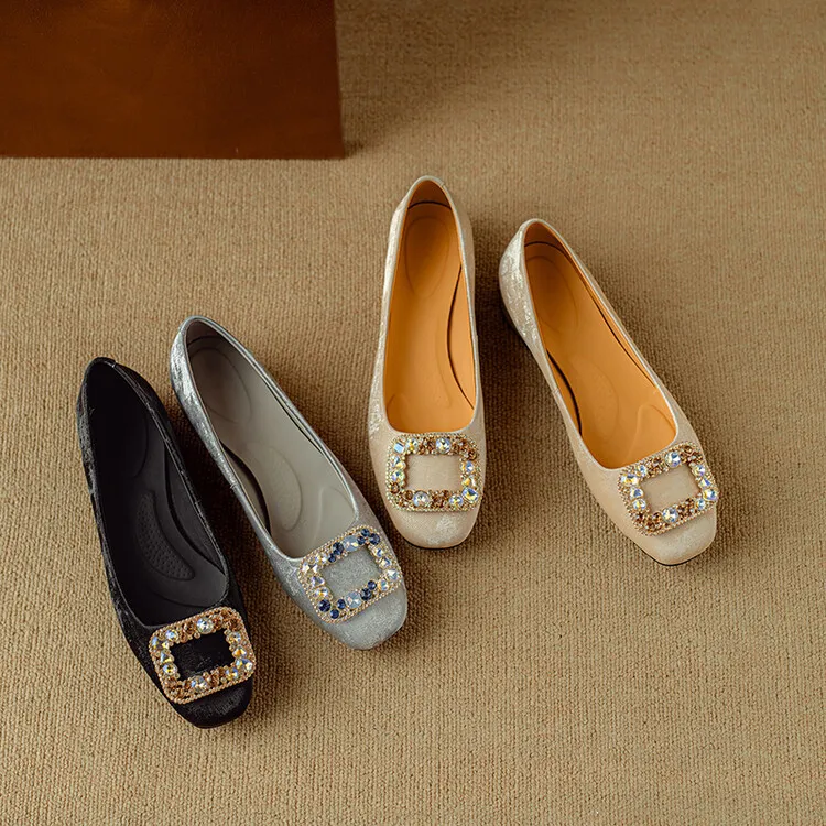 Four-color cowhide fashion women's shoes with rhinestone square buckle, spring square toe, chunky heel, low heel, and shallow mouth, single shoes, 2-4j.