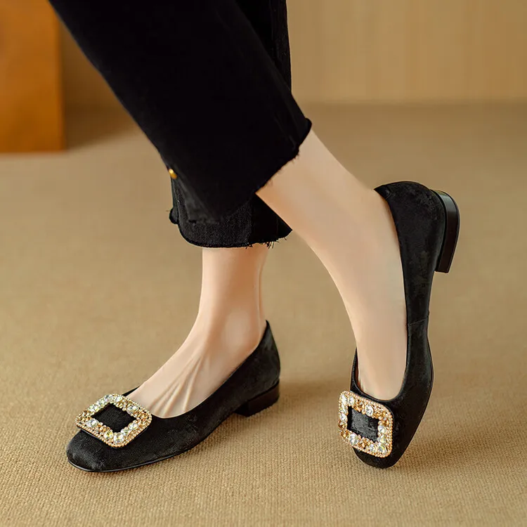 Four-color cowhide fashion women's shoes with rhinestone square buckle, spring square toe, chunky heel, low heel, and shallow mouth, single shoes, 2-4j.