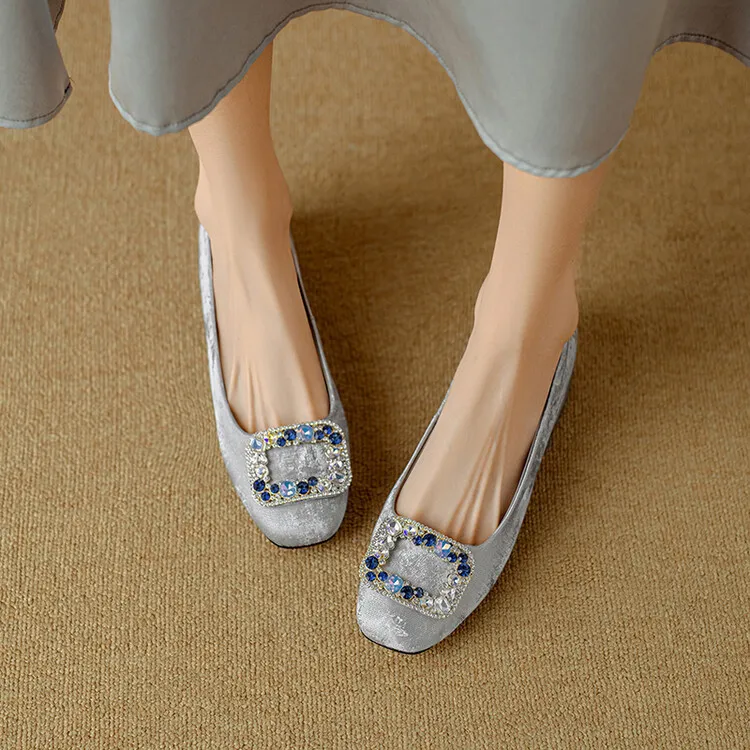 Four-color cowhide fashion women's shoes with rhinestone square buckle, spring square toe, chunky heel, low heel, and shallow mouth, single shoes, 2-4j.