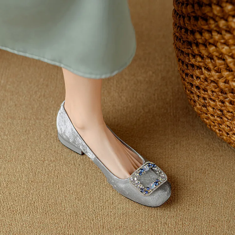 Four-color cowhide fashion women's shoes with rhinestone square buckle, spring square toe, chunky heel, low heel, and shallow mouth, single shoes, 2-4j.
