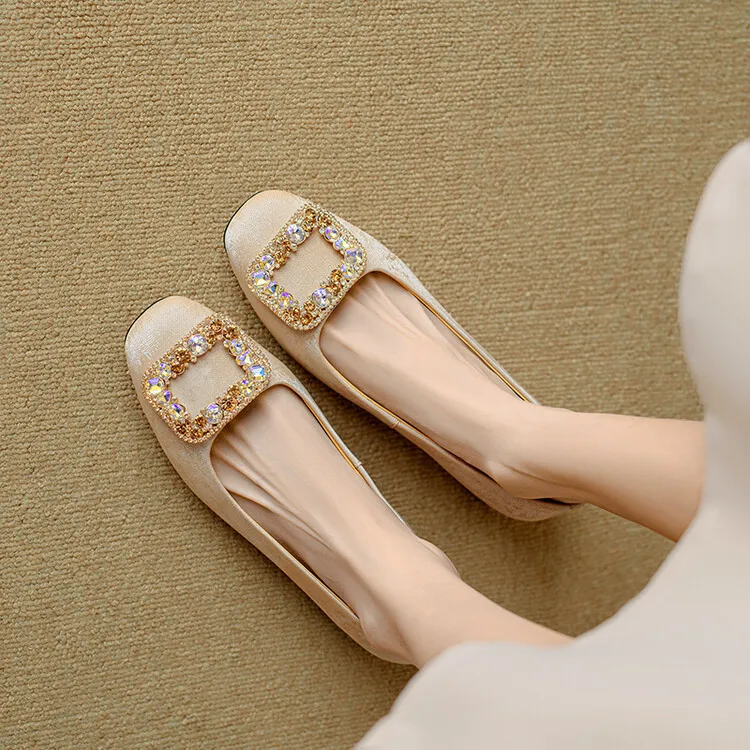 Four-color cowhide fashion women's shoes with rhinestone square buckle, spring square toe, chunky heel, low heel, and shallow mouth, single shoes, 2-4j.
