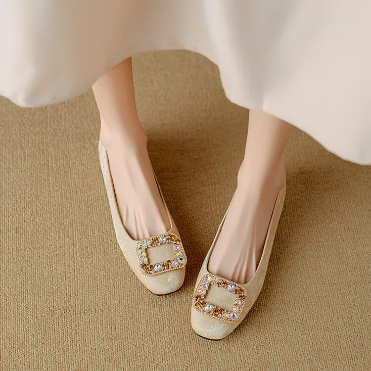 Four-color cowhide fashion women's shoes with rhinestone square buckle, spring square toe, chunky heel, low heel, and shallow mouth, single shoes, 2-4j.