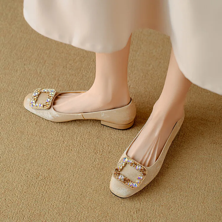 Four-color cowhide fashion women's shoes with rhinestone square buckle, spring square toe, chunky heel, low heel, and shallow mouth, single shoes, 2-4j.