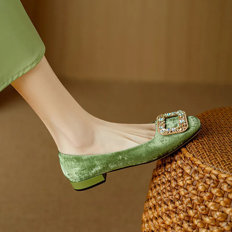 Four-color cowhide fashion women's shoes with rhinestone square buckle, spring square toe, chunky heel, low heel, and shallow mouth, single shoes, 2-4j.