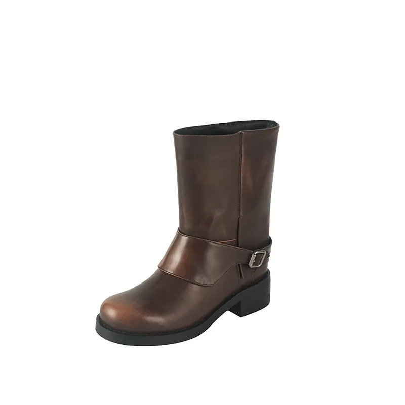 Autumn/Winter Short Leather Thick-Soled British Style Women's Boots with Straight Shaft, Round Toe, Chunky Heel, and Belt Buckle