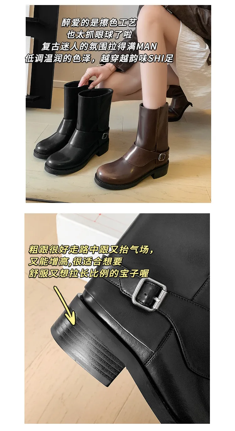 Autumn/Winter Short Leather Thick-Soled British Style Women's Boots with Straight Shaft, Round Toe, Chunky Heel, and Belt Buckle