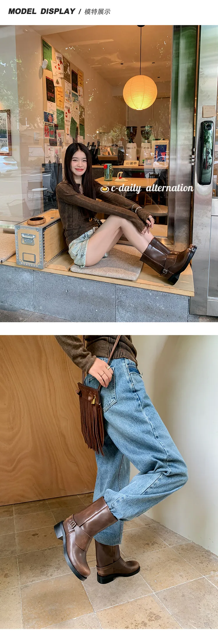 Autumn/Winter Short Leather Thick-Soled British Style Women's Boots with Straight Shaft, Round Toe, Chunky Heel, and Belt Buckle