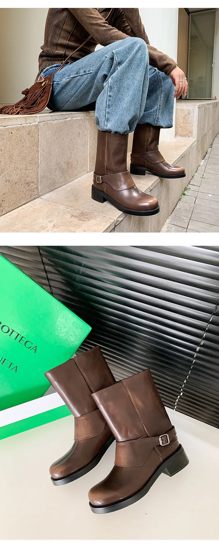 Autumn/Winter Short Leather Thick-Soled British Style Women's Boots with Straight Shaft, Round Toe, Chunky Heel, and Belt Buckle