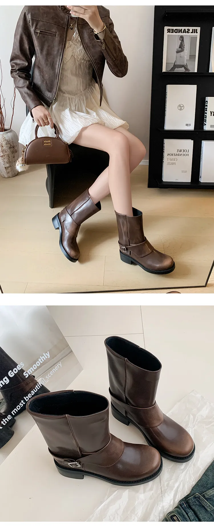 Autumn/Winter Short Leather Thick-Soled British Style Women's Boots with Straight Shaft, Round Toe, Chunky Heel, and Belt Buckle